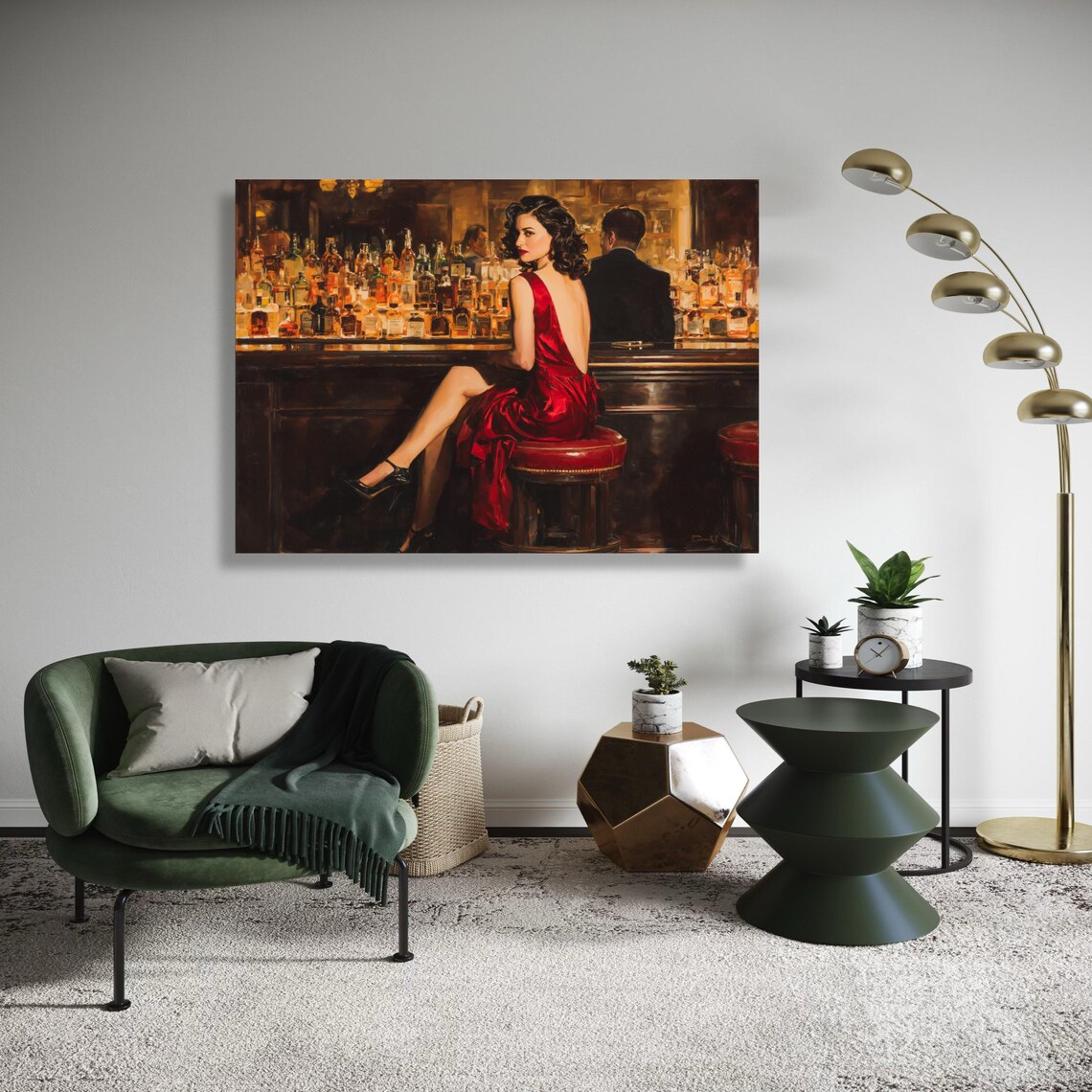 Elegant Woman in Red Dress at Bar Art Print