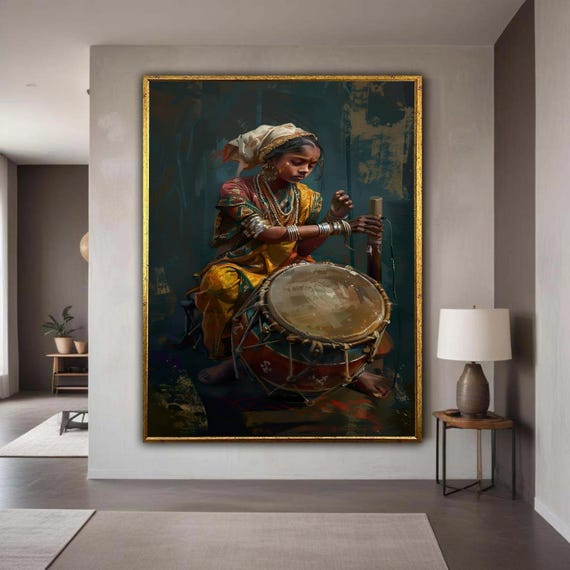 Woman Drummer Canvas Art Traditional Music Portrait Print Cultural Ethnic Musician Wall Decor Painterly Style Spiritual Artwork
