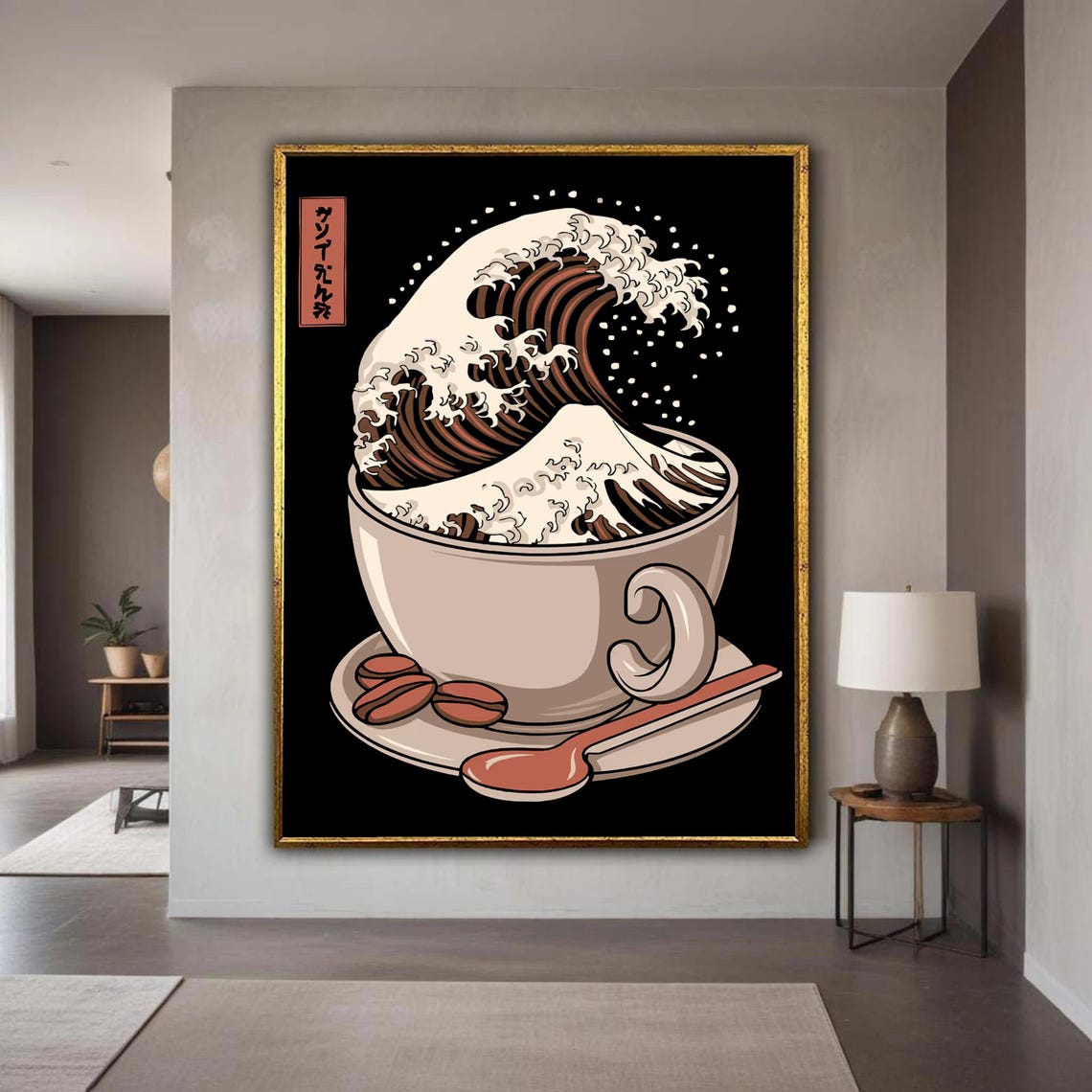 Great Wave Coffee Cup Black Background Bold Graphic Art Poster