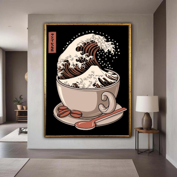 Great Wave Coffee Cup Black Background Bold Graphic Art Poster