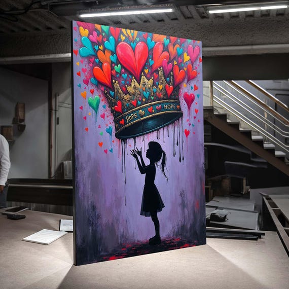 Colorful Girl Silhouette Canvas Wall Art With Hearts Crown For Kids Room Nursery Decor Ready To Hang Painting Children