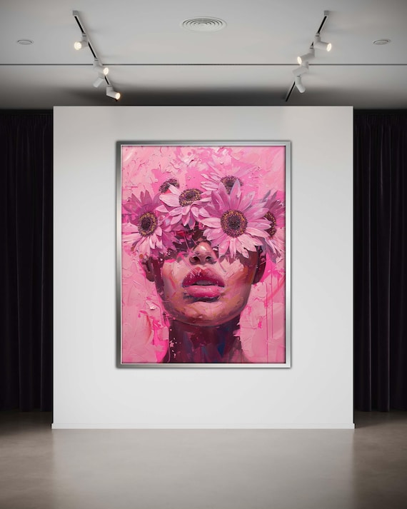 Floral Woman Canvas Pink Fantasy Abstract Art Bold Flower Portrait Vibrant Wall Decor Artistic Expression Painting