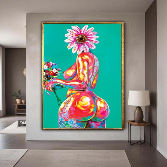 Vibrant Abstract Nude With Flower Colorful Body Paint Canvas Modern Floral Art Contemporary Female Figure Wall Gift Home Decor