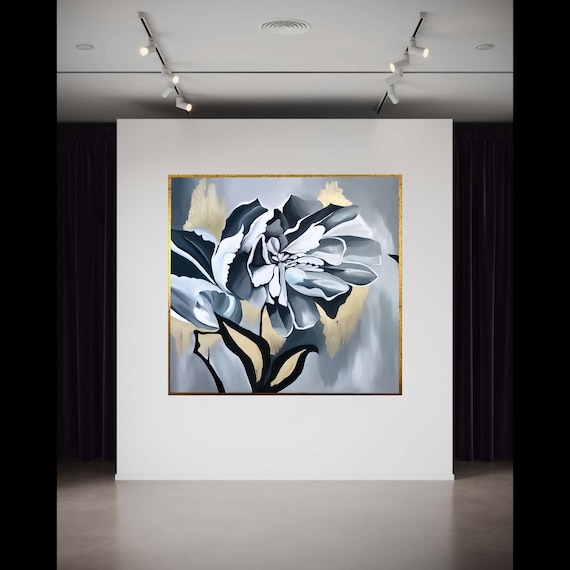 Elegant Monochrome Flower Canvas Black White Floral Wall Art Modern Botanical Gold Accent Home Decor Stylish Gift