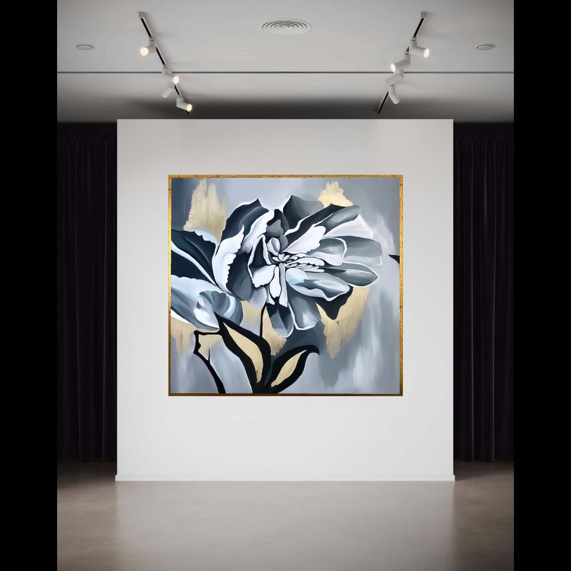 Monochrome Black White Bloom Gold Accent Modern Floral Wall Art