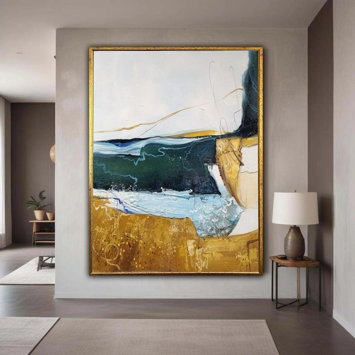 Deep Abstract Ocean Wave Blue and Gold Modern Coastal Art Poster