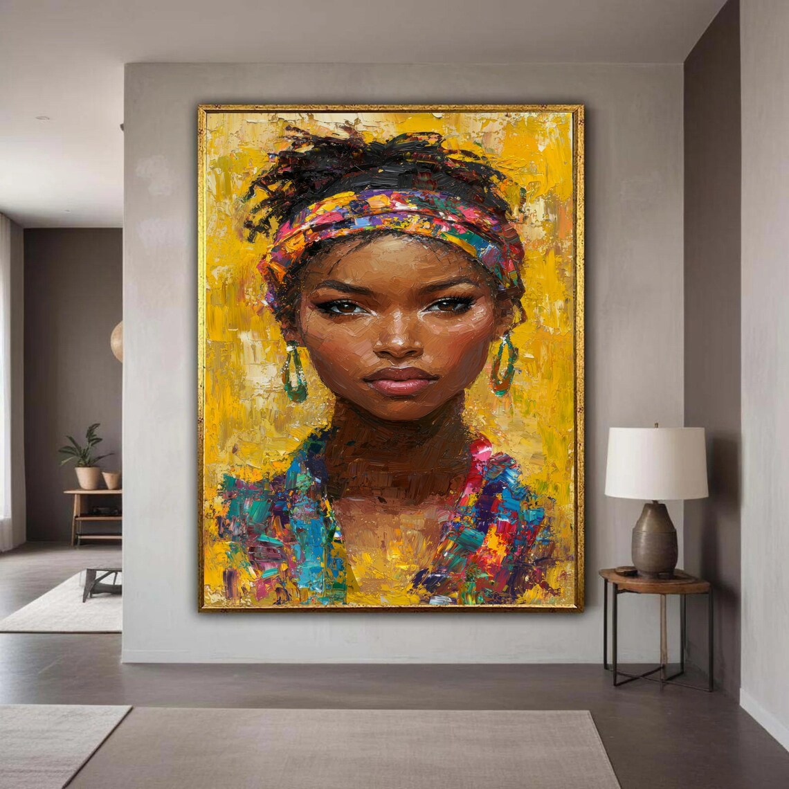Golden Woman Portrait Colorful Headscarf Bold Oil Painting Print