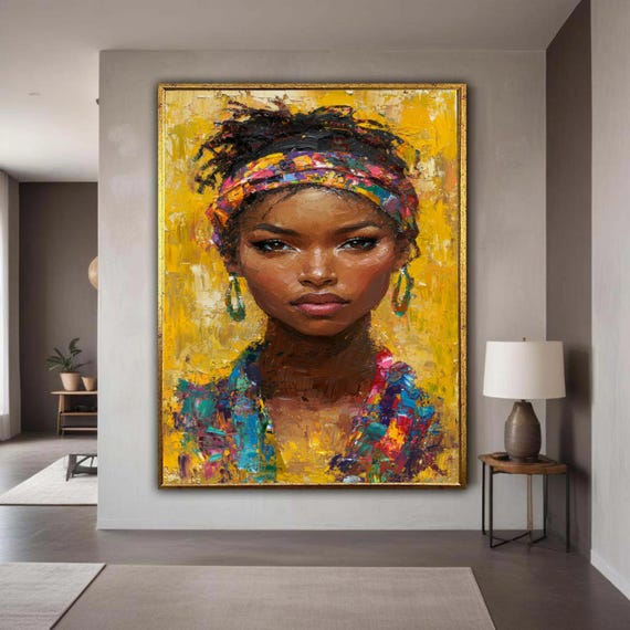 African Woman Colorful Headscarf Canvas Expressive Impasto Portrait Art Vibrant Yellow Cultural Heritage Print Strong Beauty Decor