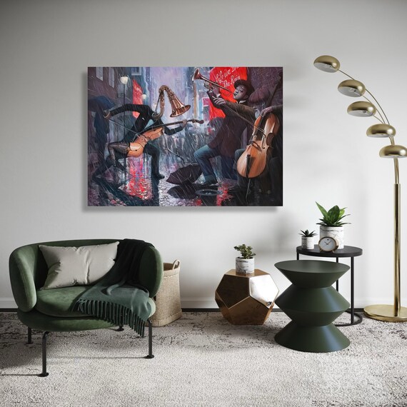Rainy Night Jazz Band Street Musicians Urban Neon Rain Painting Poster