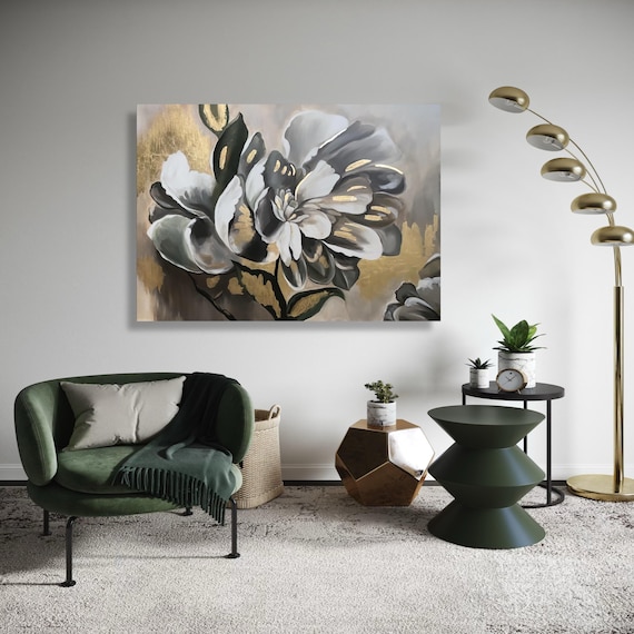Elegant White And Gray Floral Canvas Gold Accent Wall Art Modern Botanical Painting Luxe Home Decor Ready To Hang Gift