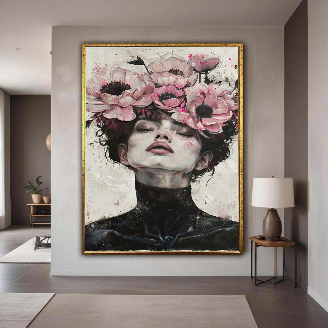 Pink Floral Headdress Woman Portrait Dreamy Painterly Feminine Wall Art