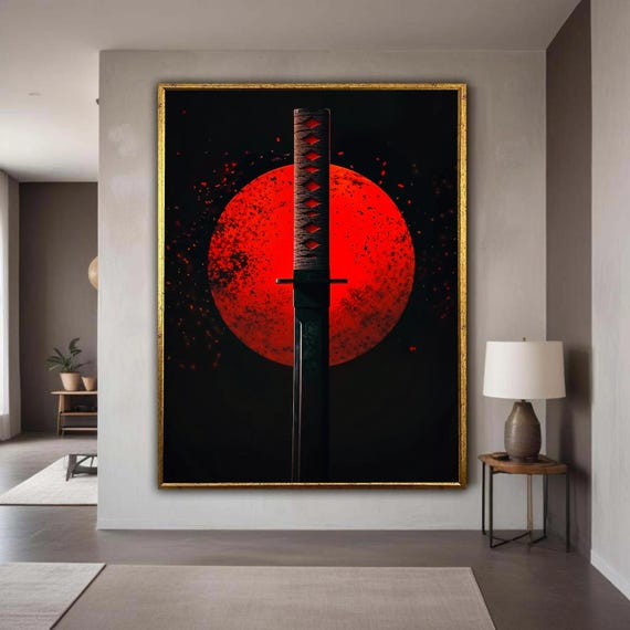 Samurai Katana Sword Canvas Red Moon Background Wall Art Japanese Warrior Decor Modern Print Home Office Gift