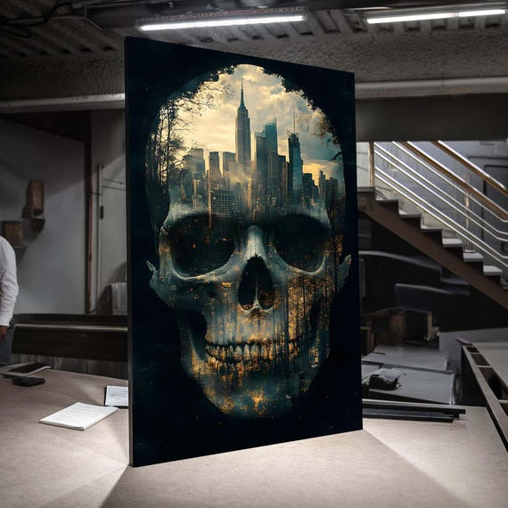 Urban Skull Art Cityscape Canvas Surreal Gothic Wall Dark Decor New York Skyline Print Decay Artwork