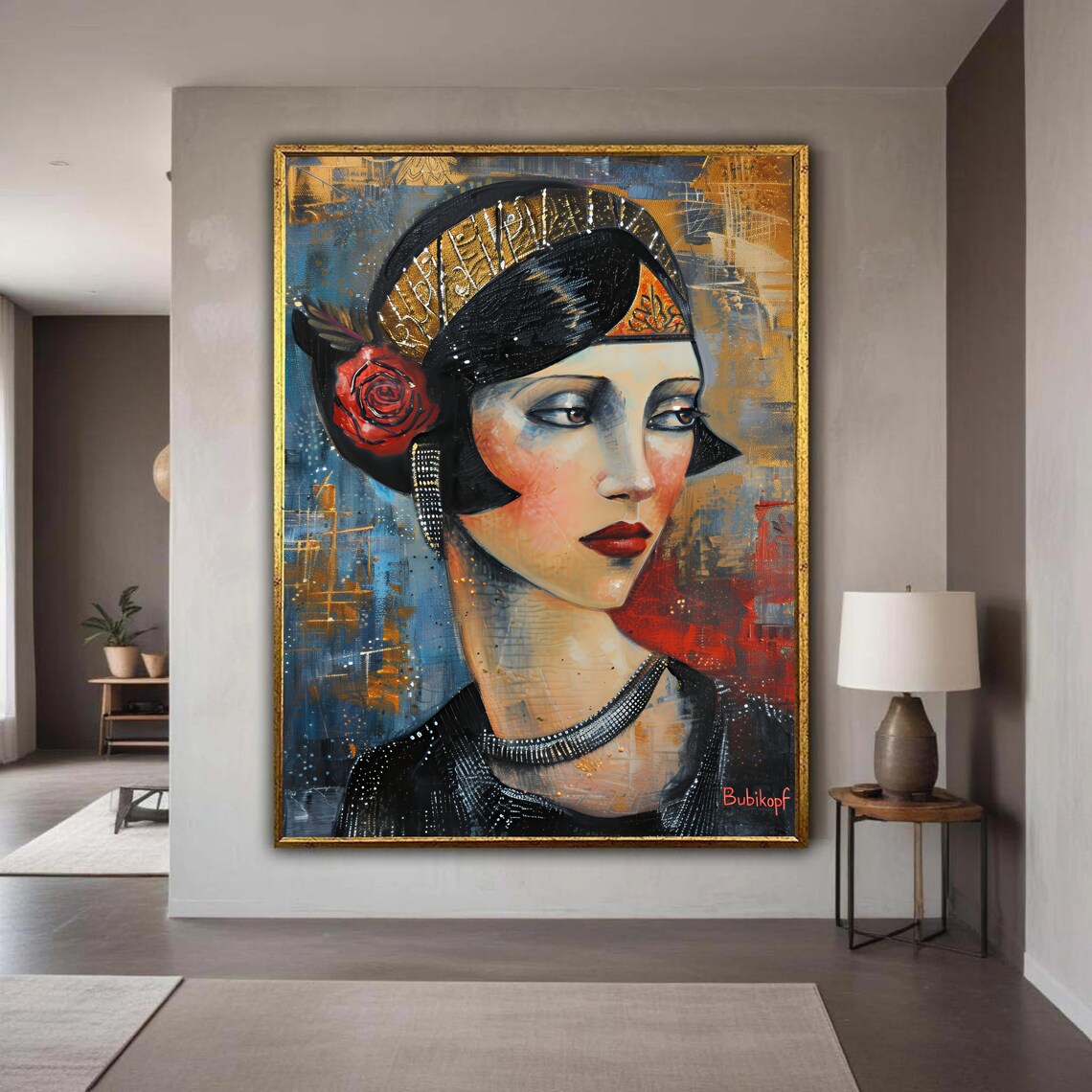 Art Deco 1920s Flapper Girl Portrait Red Rose Headband Glamour Poster