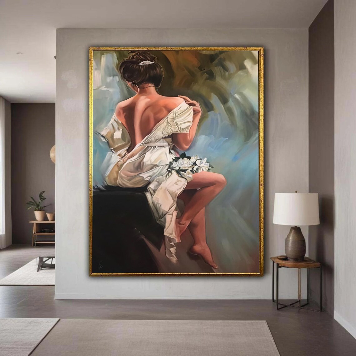 Elegant Woman in White Dress Back View Figurative Oil Style Art Poster