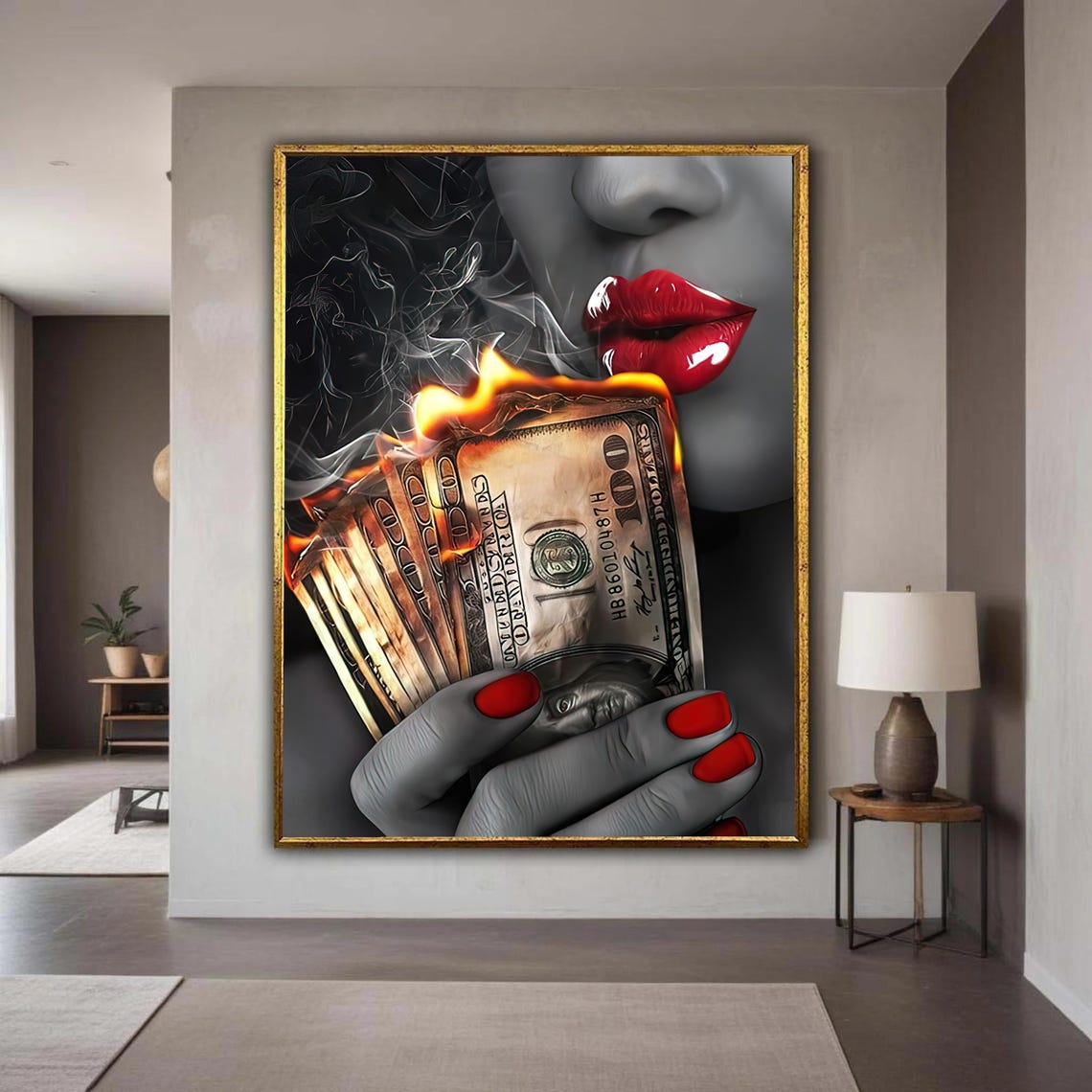 Burning Money Red Lips Fiery Cash Flames Bold Glamour Poster