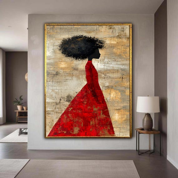 Elegant Silhouette Afro Woman In Red Dress, Modern Portrait