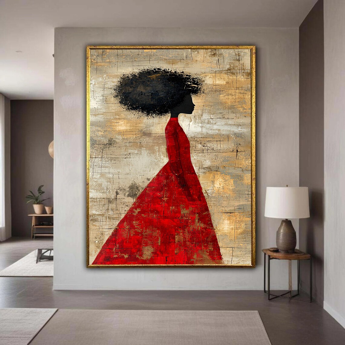 Elegant Silhouette Afro Woman In Red Dress, Modern Portrait