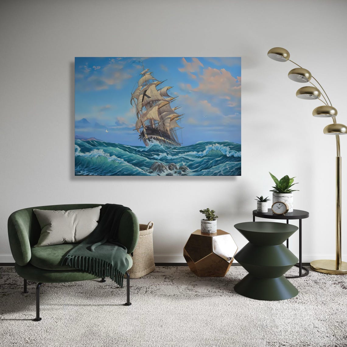 Sailing Ship Full Sails Turquoise Storm Waves Nautical Painting Poster