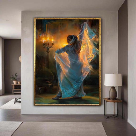 Elegant Veiled Woman Dance Canvas Mystical Ethereal Glow Wall Art Soft Fabric Movement Candlelight Ambiance Home Gift Decor