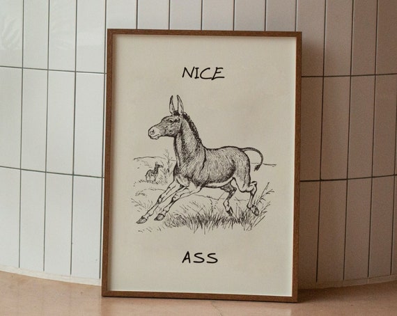 Vintage Donkey Print, Minimalist Funny Bathroom Art