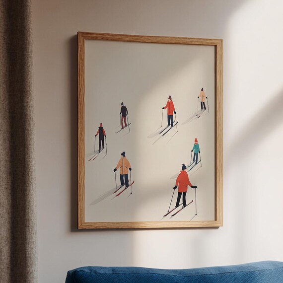 Scandinavian Minimalist Tiny Skiers Watercolor Winter Art Poster