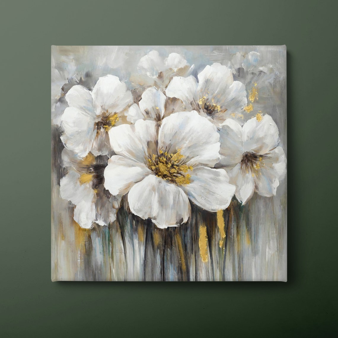 White Daisies With Gold Centers Textured Oil Painting Floral Wall Art