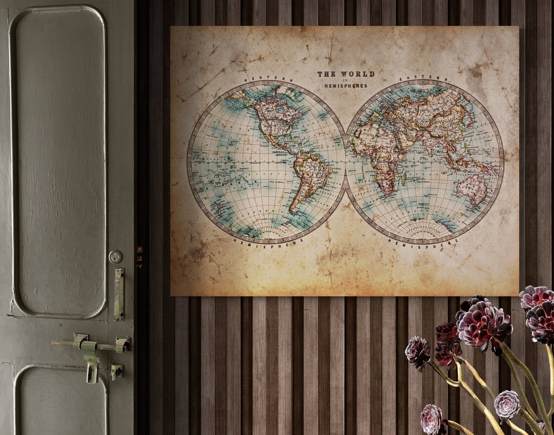 Vintage World Map Double Hemisphere Parchment Cartography Wall Poster - Image 2
