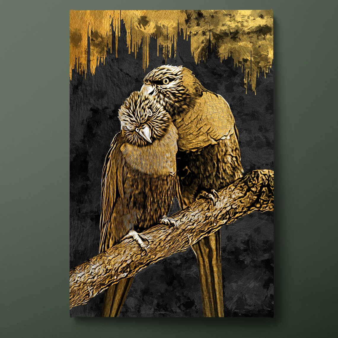 Two Perched Parrots Gold Black Duotone Tropical Bird Painting Poster