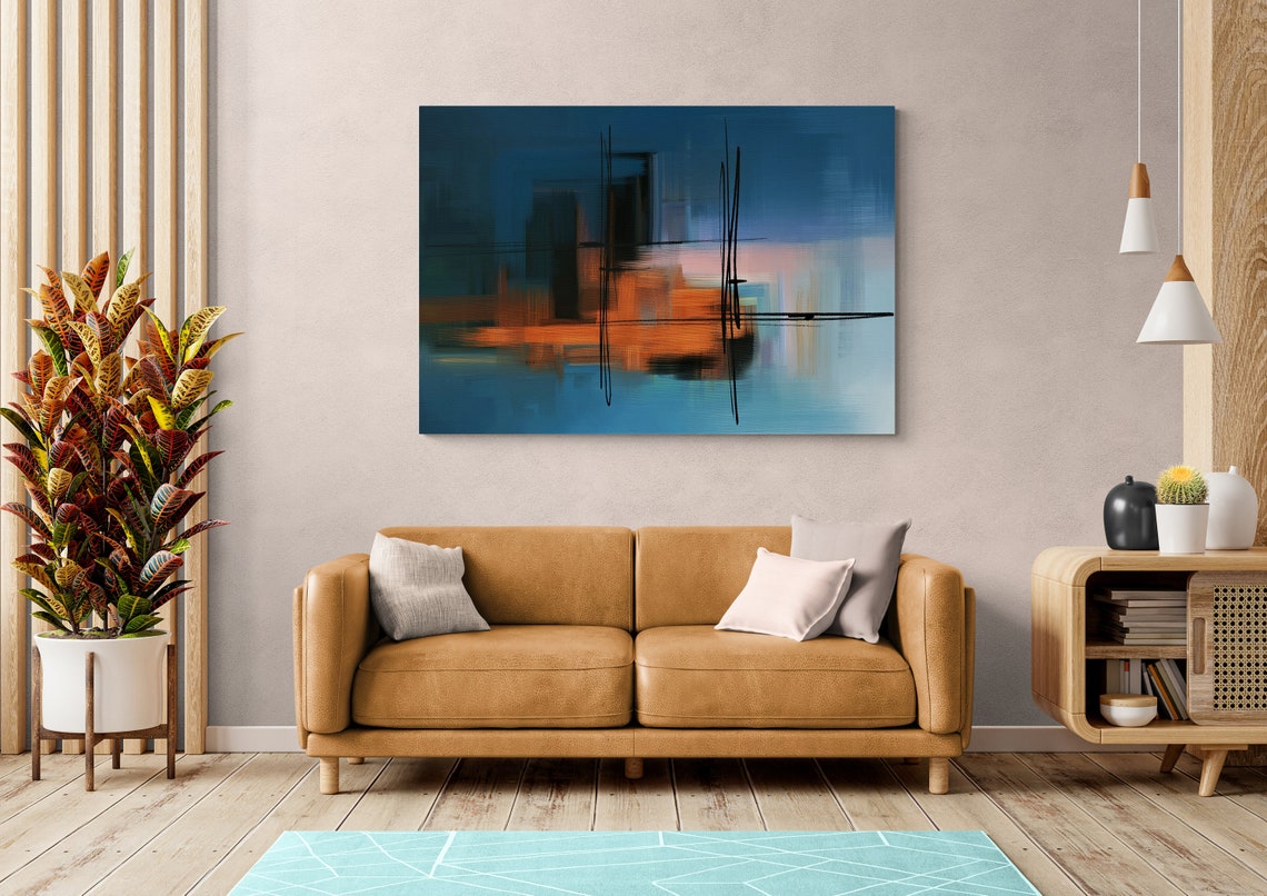 Burnt Orange Horizon Over Teal Blue Abstract Brushstroke Art Poster - Image 2