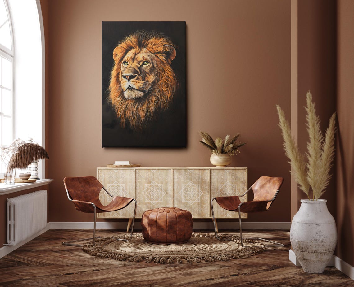 Majestic Male Lion Portrait Orange Mane Green Eyes Wildlife Art Poster - Image 3