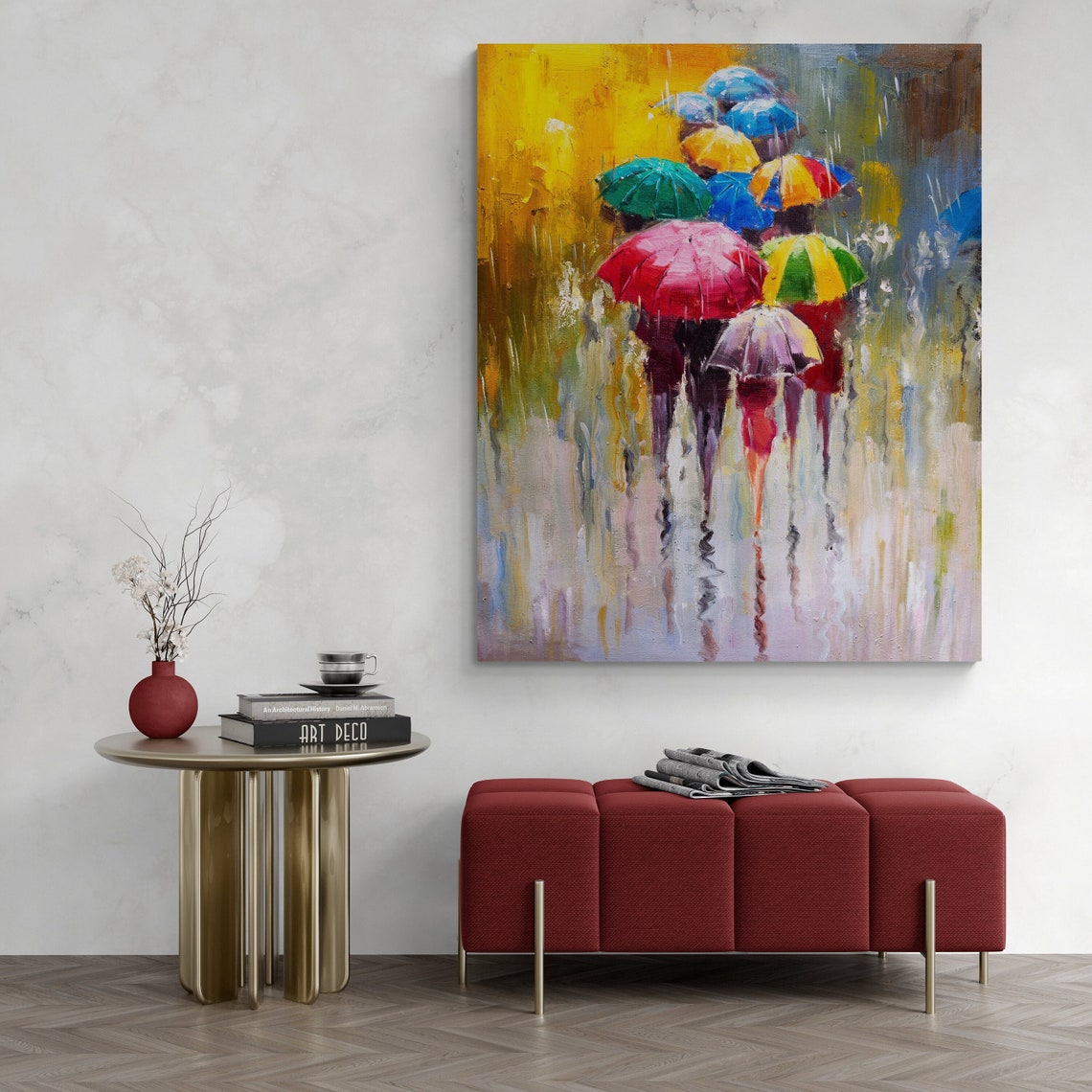 People With Colorful Umbrellas In Rain Impressionist Oil Art Poster - Image 2