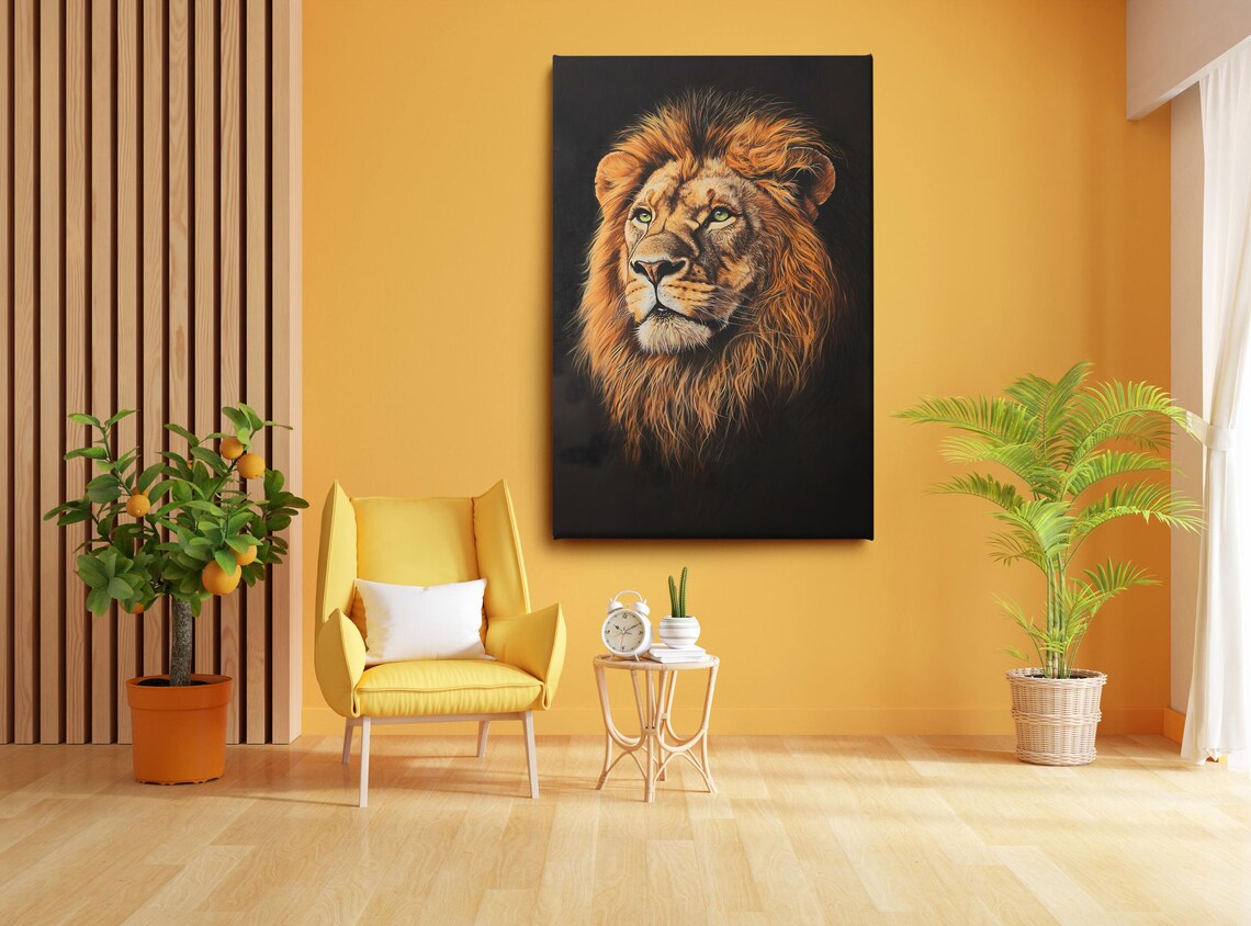 Majestic Male Lion Portrait Orange Mane Green Eyes Wildlife Art Poster - Image 2