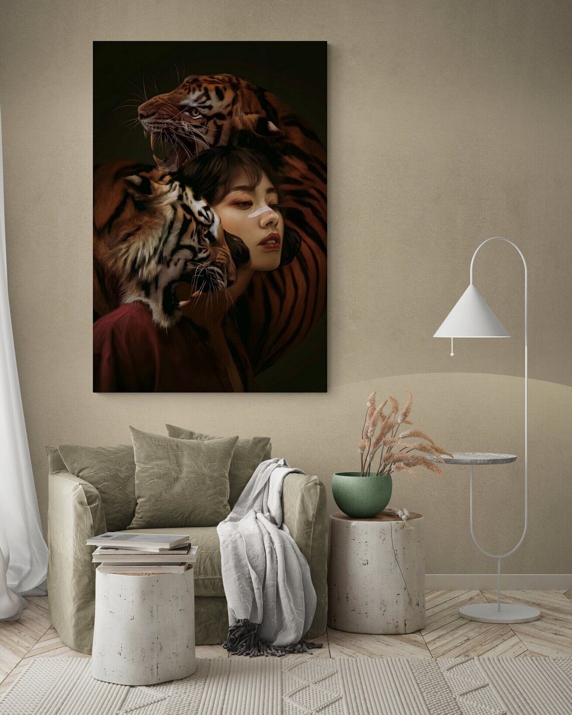 Woman Embraced By Two Tigers Dark Dramatic Portrait Art Print Poster - Image 3