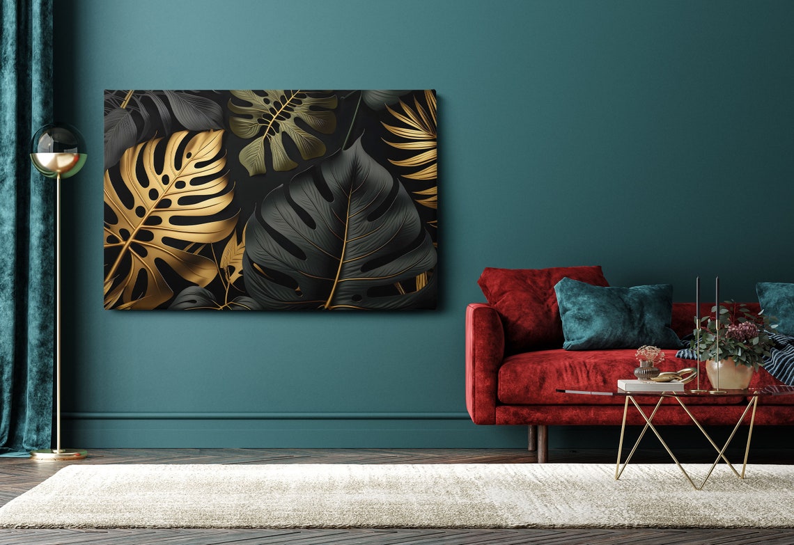 Gold And Black Monstera Leaves On Dark Luxury Botanical Art Poster - Image 2
