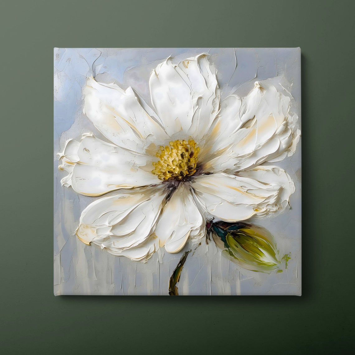 White Daisy Bloom Blue Gray Background Textured Floral Wall Poster