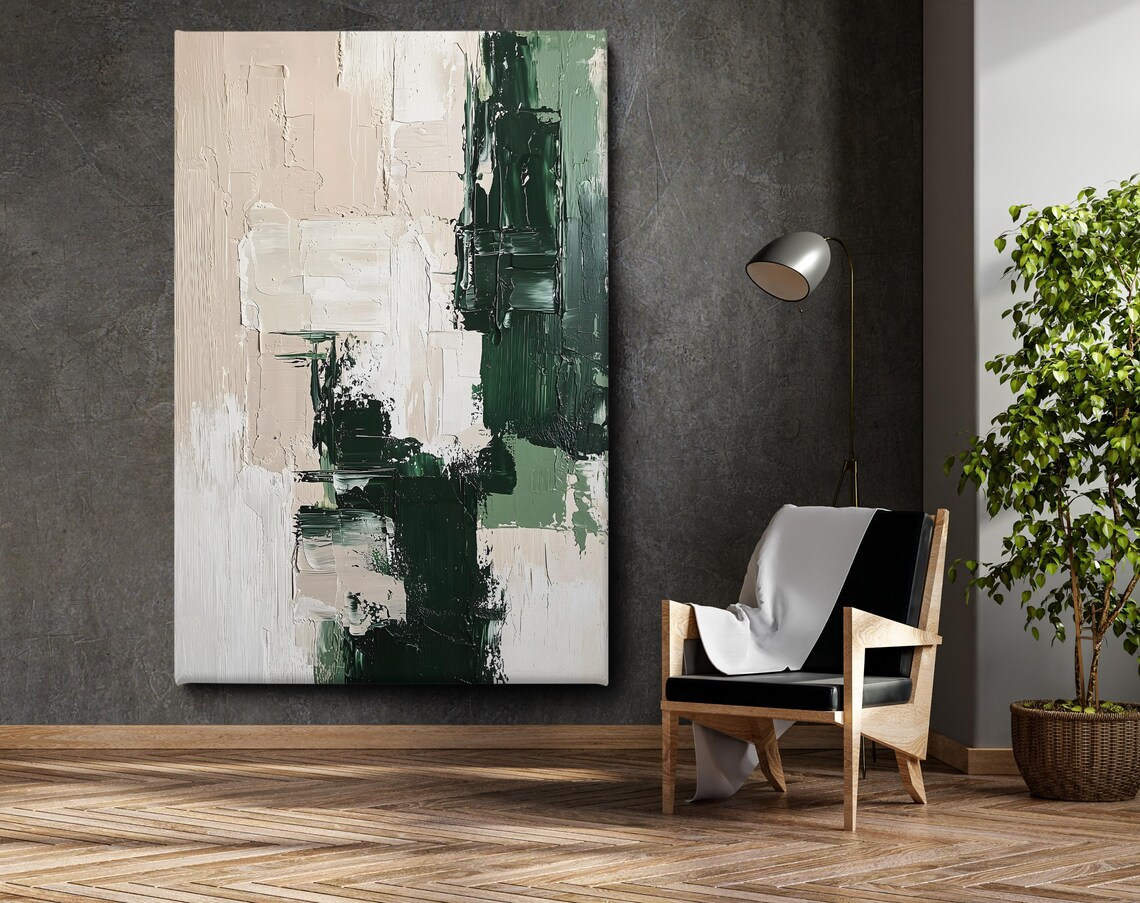 Modern Emerald Green Beige Abstract Textured Oil Painting Art Poster - Image 3