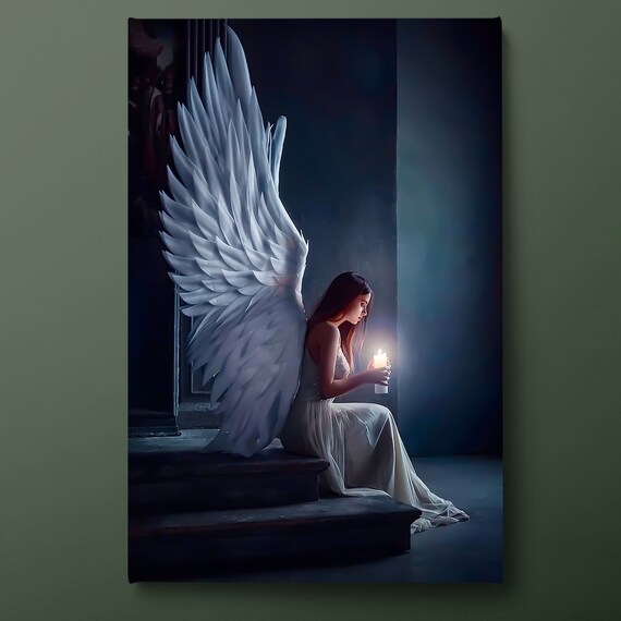 Angel Woman With White Wings Holding Candle On Steps Art Poster