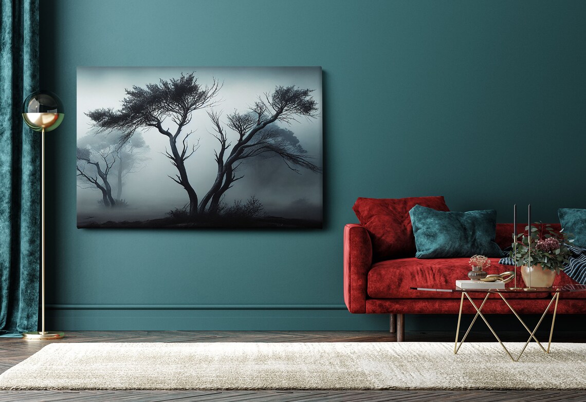 Leafless Trees Wall Art Foggy Forest Print Misty Forest Painting Ready To Hang - Image 2
