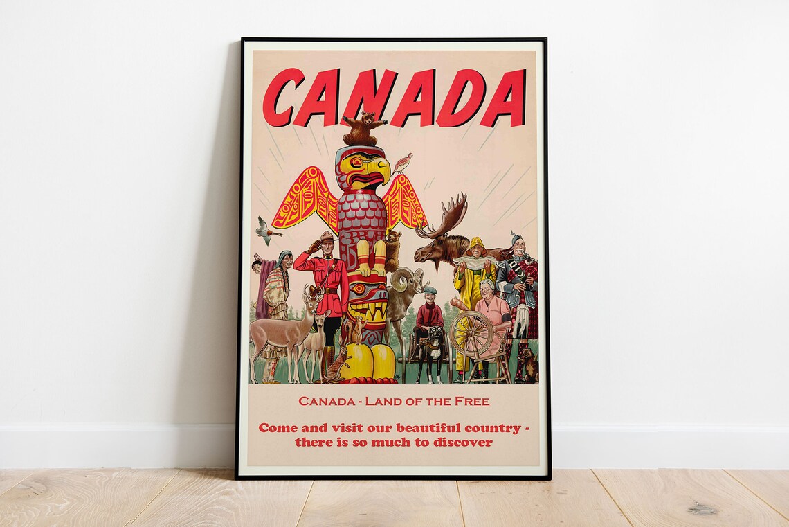 Canada Land of the Free Totem Pole Retro Travel Art Style Poster