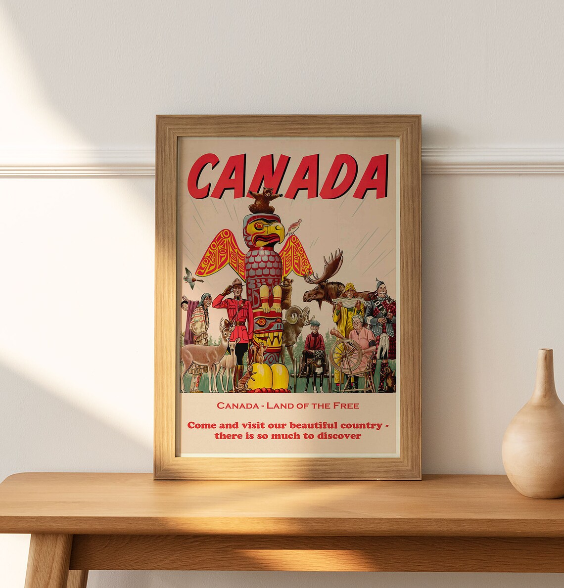 Canada Land of the Free Totem Pole Retro Travel Art Style Poster - Image 2