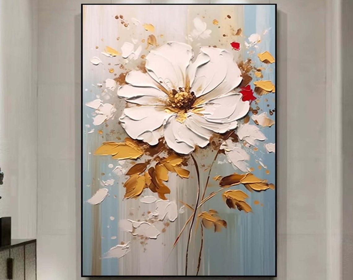 White Flower Gold Leaves Light Blue Botanical Elegant Art Poster