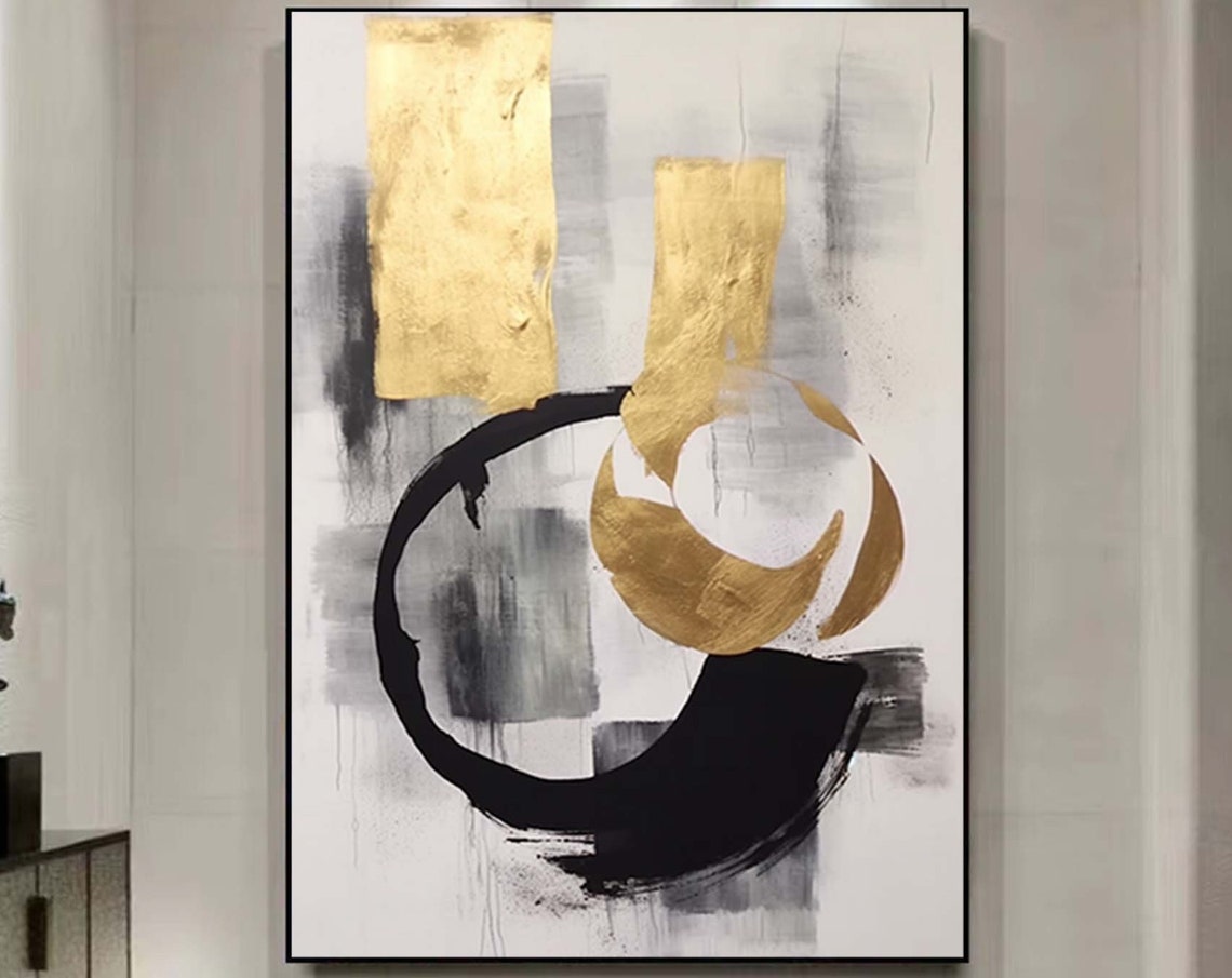 Minimal Gold Leaf And Black Brushstroke Abstract Circle Poster