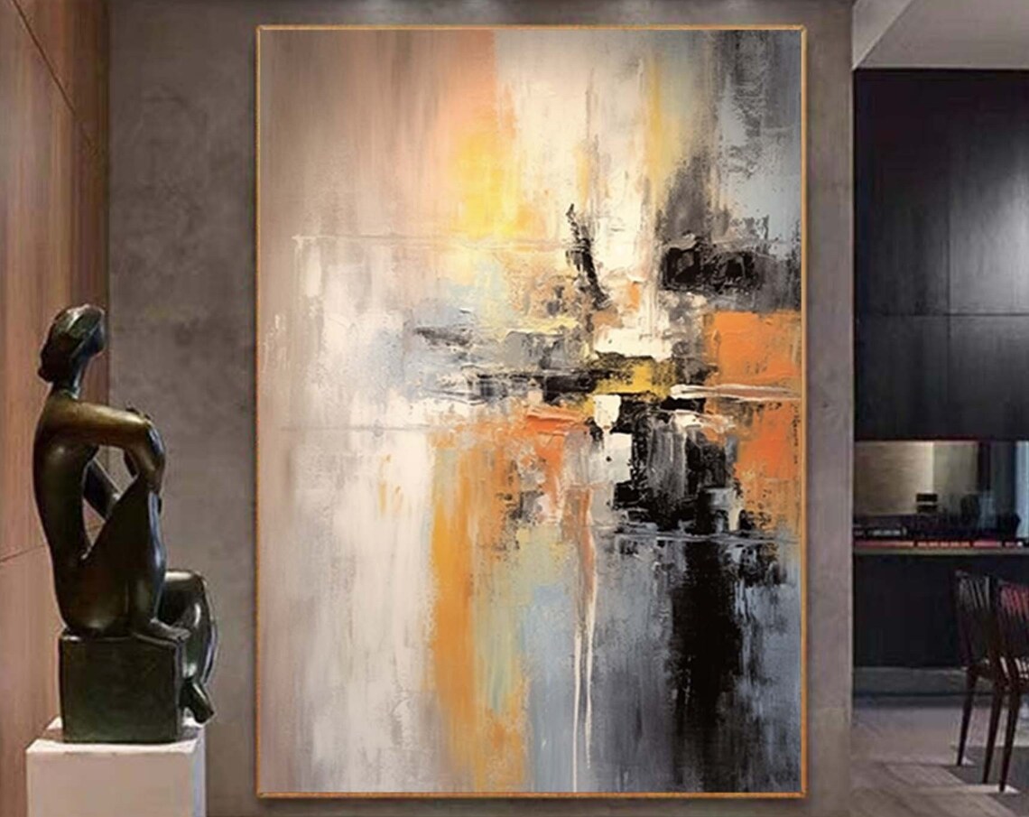 Warm Neutral Orange Grey Abstract Oil Painting for Living Room Poster