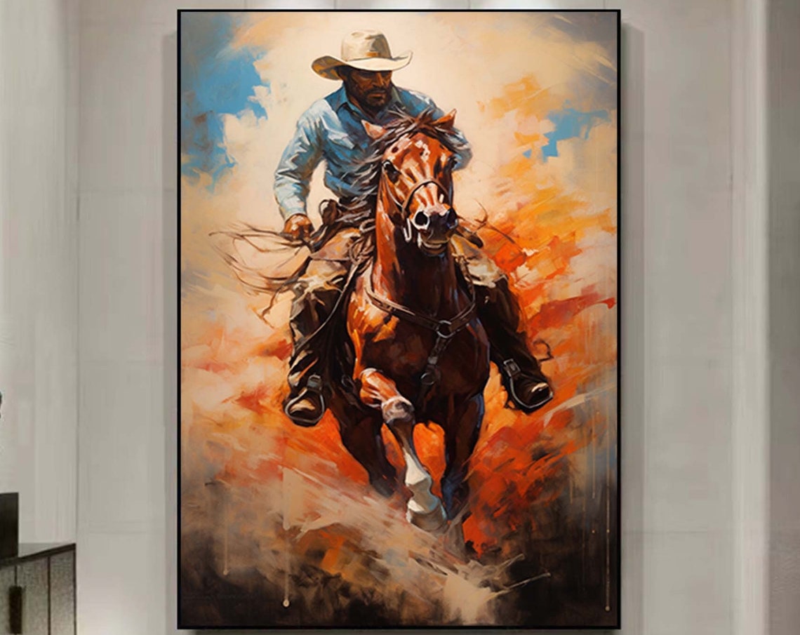Cowboy Riding Horse Painting Western Wall Art Mid Century Wall Decor Western Cowboy Painting Vintage Oil Painting Rustic Wall Art Cowboy Art