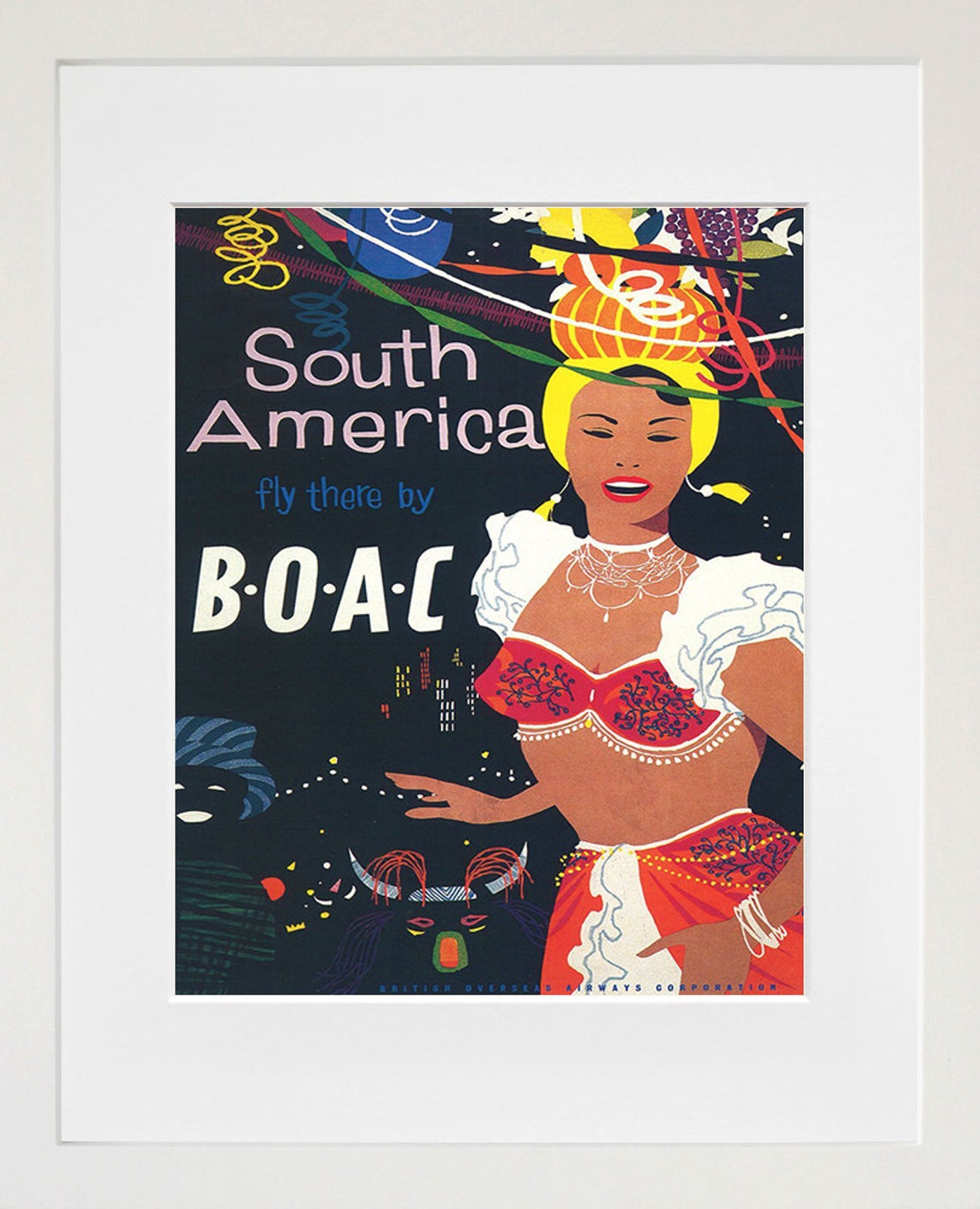 South America B.O.A.C Carnival Night Vintage Travel Poster Art - Image 2
