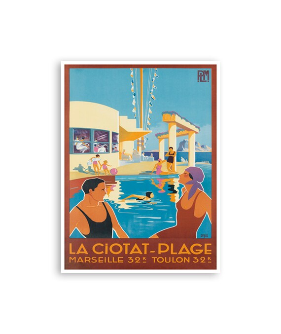 La Ciotat Plage France Vintage Art Deco Beach Swimmers Travel Poster