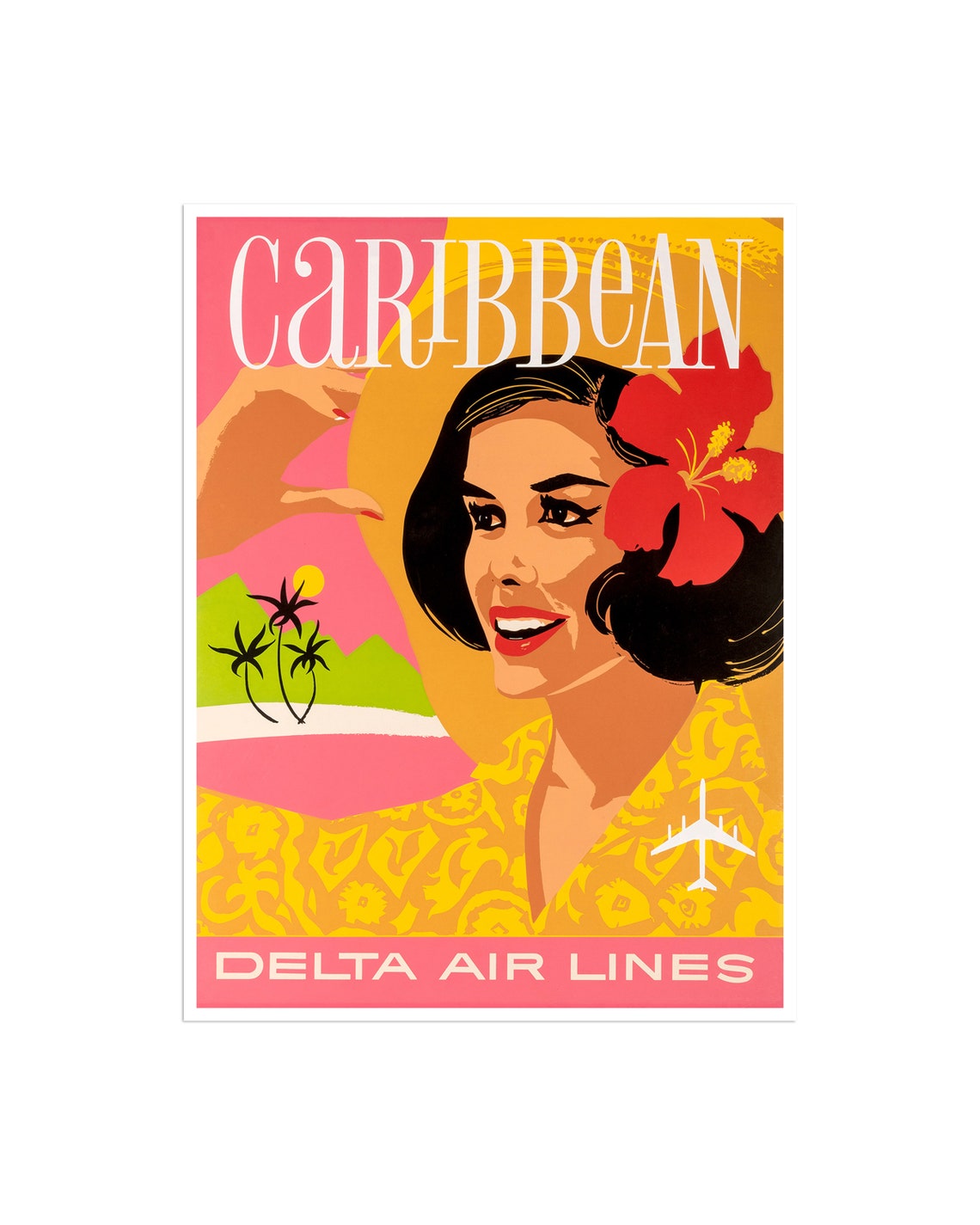 Tropical Caribbean Delta Air Lines Vintage Poster with Island Woman