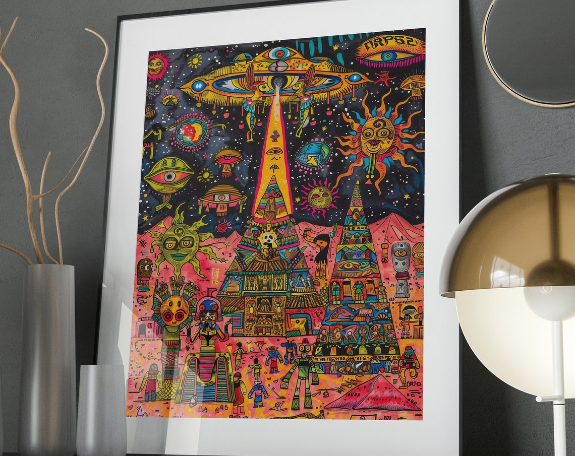 Ancient Aliens Whimsical Art Poster UFO Pyramids Colorful Maximalist