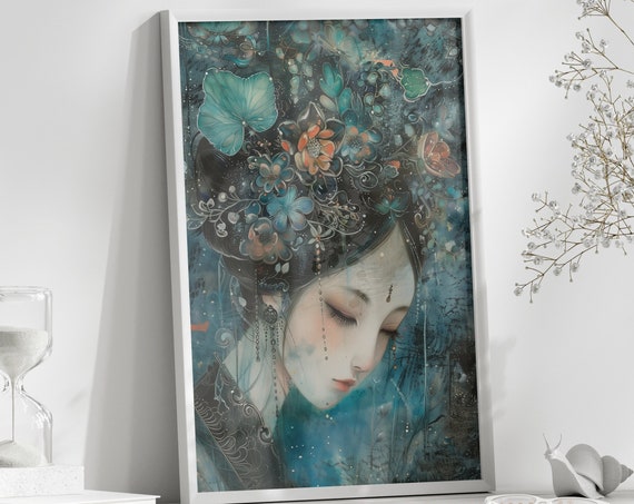 Moody Geisha Portrait Painting Wall Art Unique Japanese Home Decor Centerpiece Sensual Geisha Wall Decor